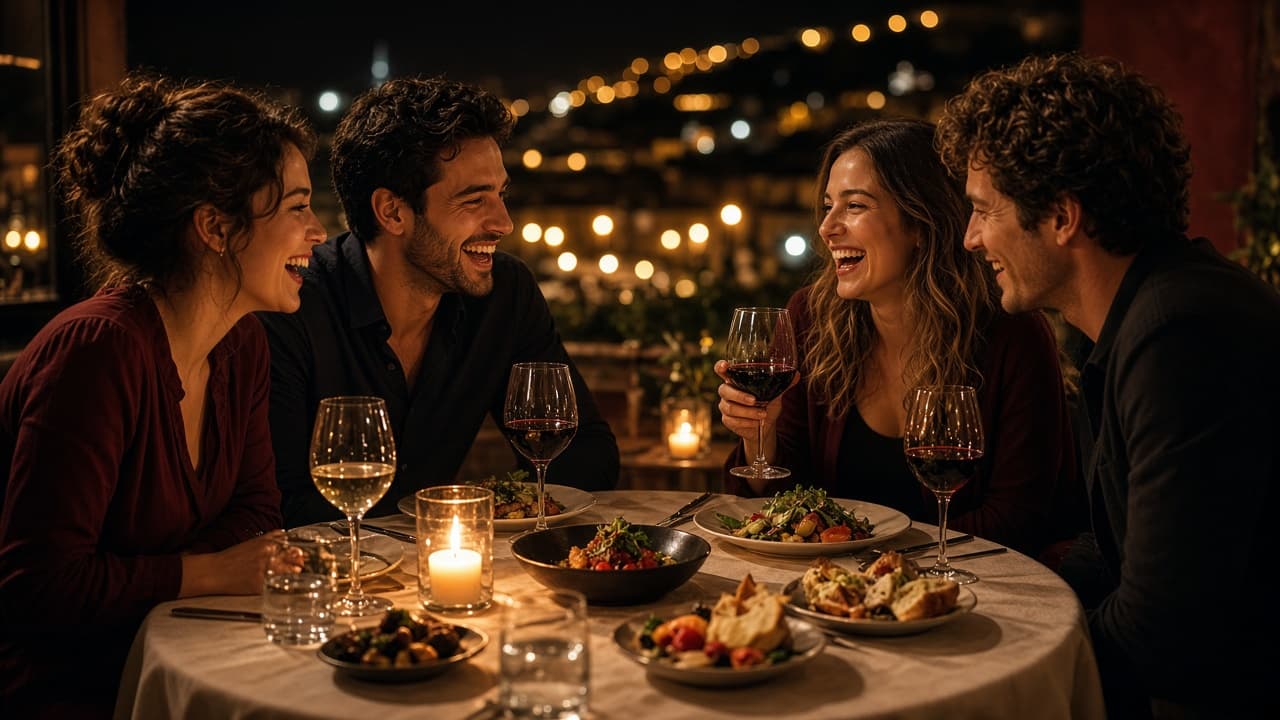 Amigos riendo con vino y cena bajo una luz cálida